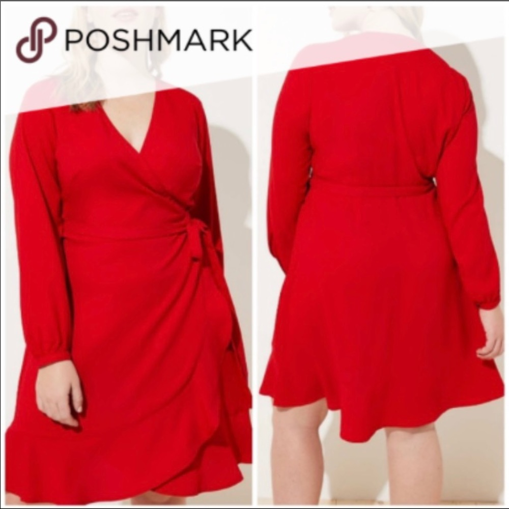 Loft Plus Red Satin Long Sleeve Wrap Dress. Size 18